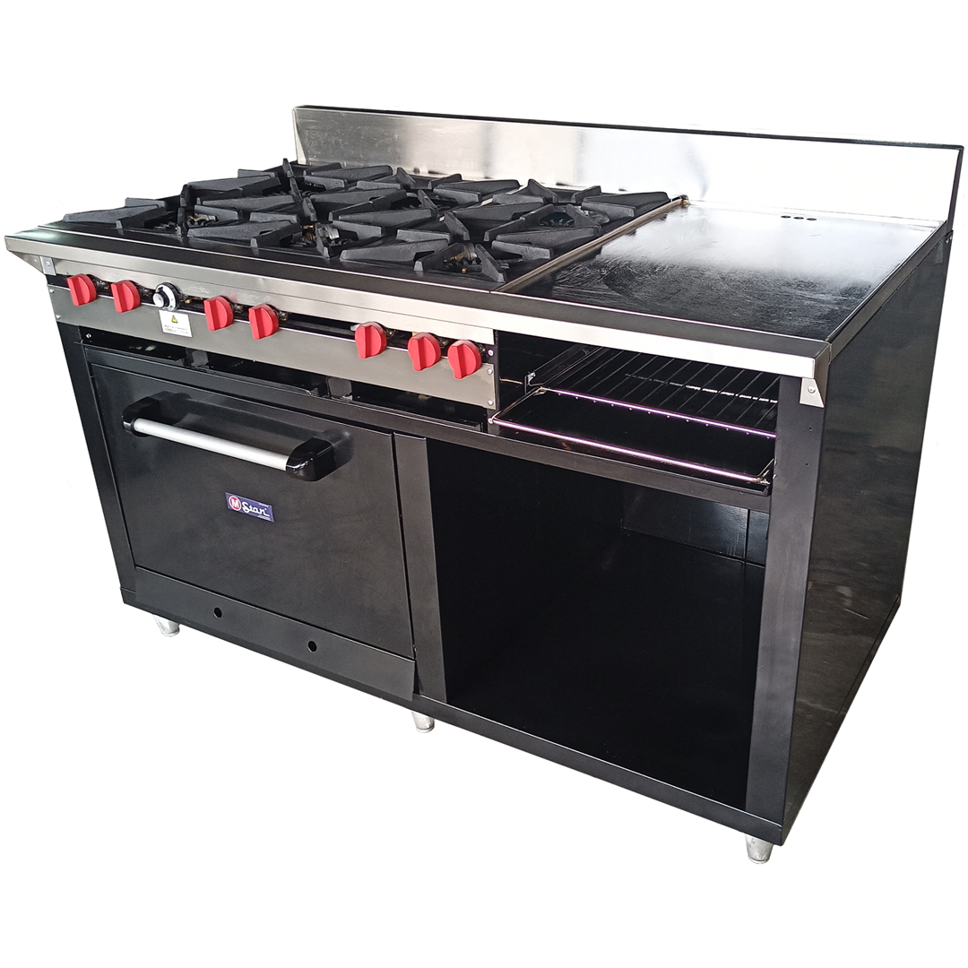Cocina a gas 6 Hornillas Hondas, Plancha Gratinador y Horno