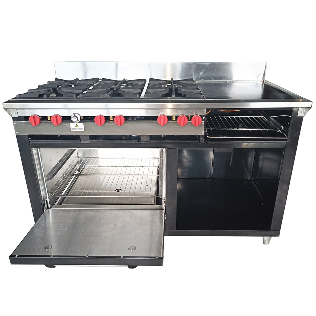 Cocina a gas 6 Hornillas Hondas, Plancha Gratinador y Horno