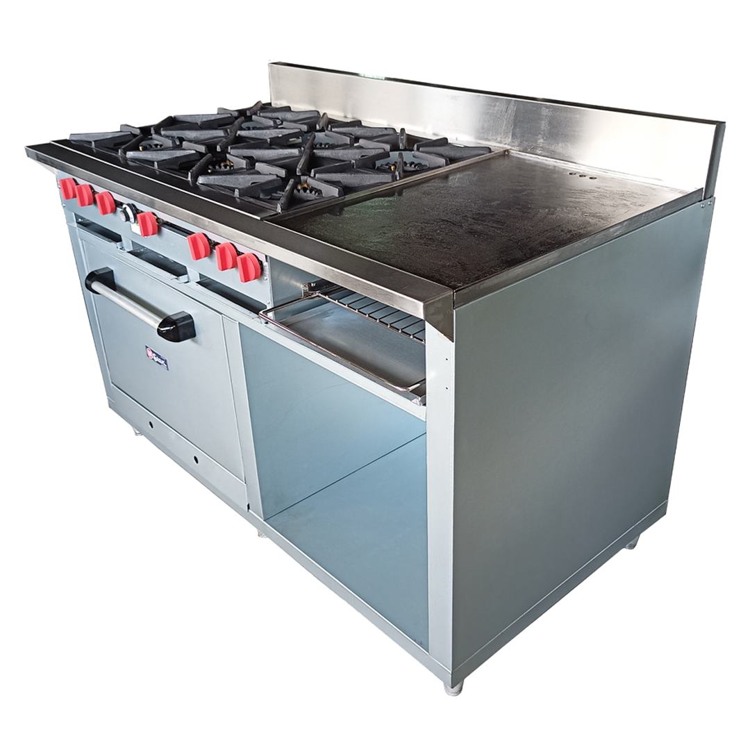 Cocina a gas 6 Hornillas Hondas, Plancha Gratinador y Horno