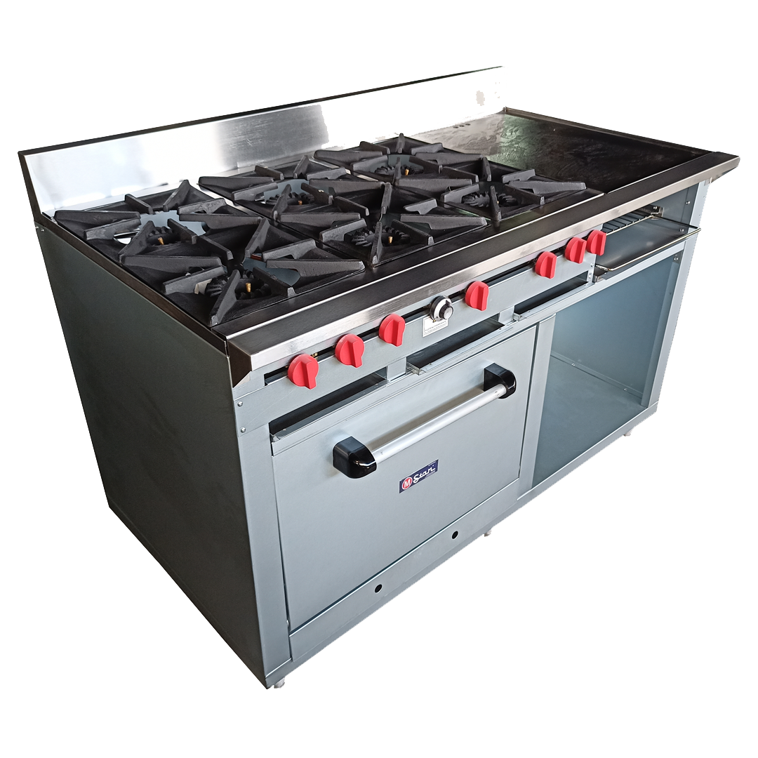 Cocina a gas 6 Hornillas Hondas, Plancha Gratinador y Horno