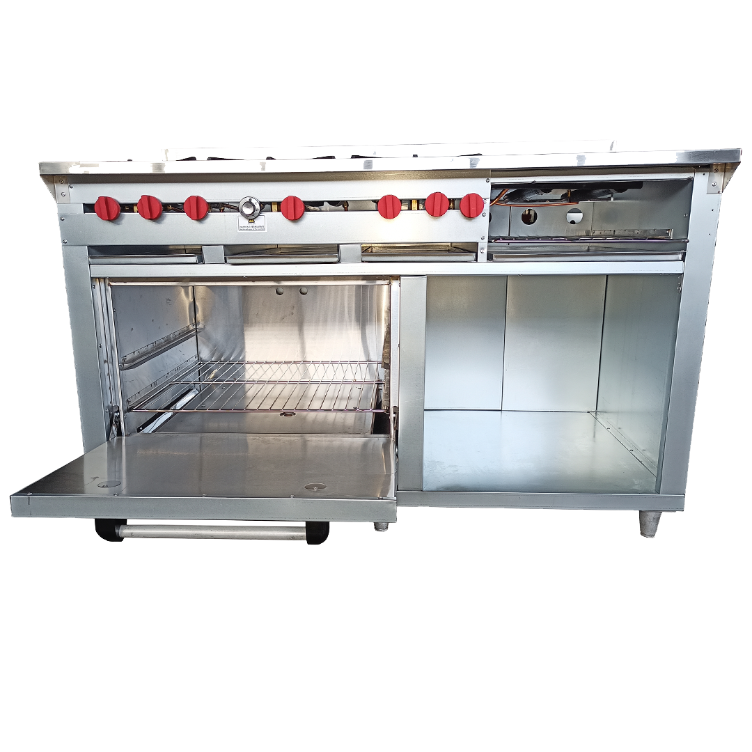 Cocina a gas 6 Hornillas Hondas, Plancha Gratinador y Horno