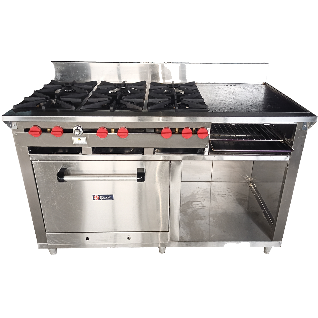 Cocina a gas 6 Hornillas Hondas, Plancha Gratinador y Horno