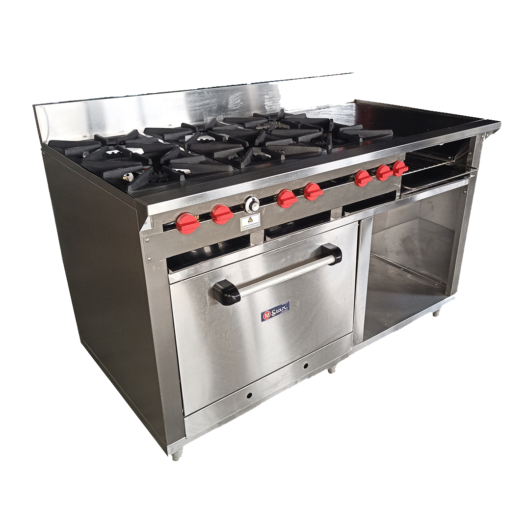 Cocina a gas 6 Hornillas Hondas, Plancha Gratinador y Horno