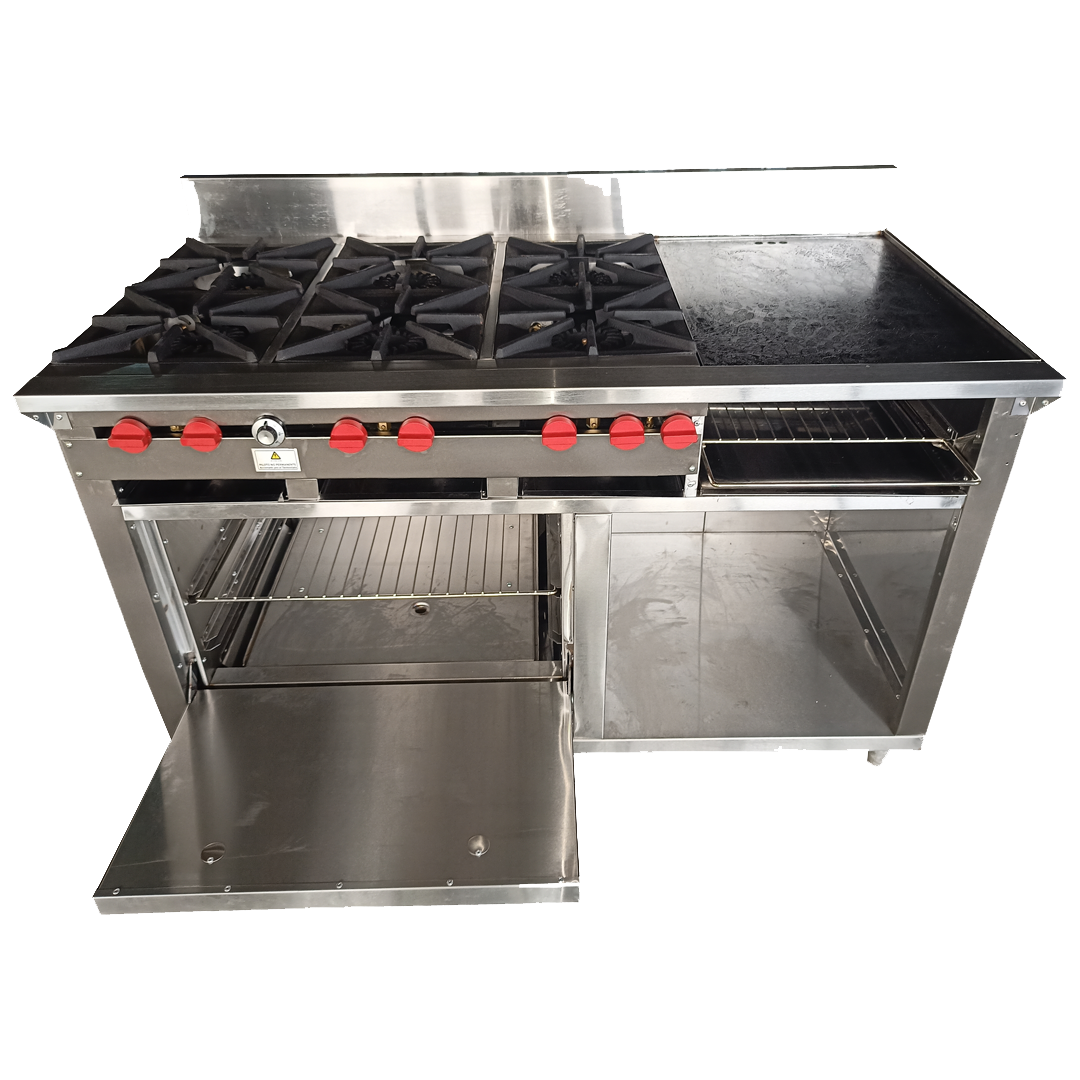 Cocina a gas 6 Hornillas Hondas, Plancha Gratinador y Horno