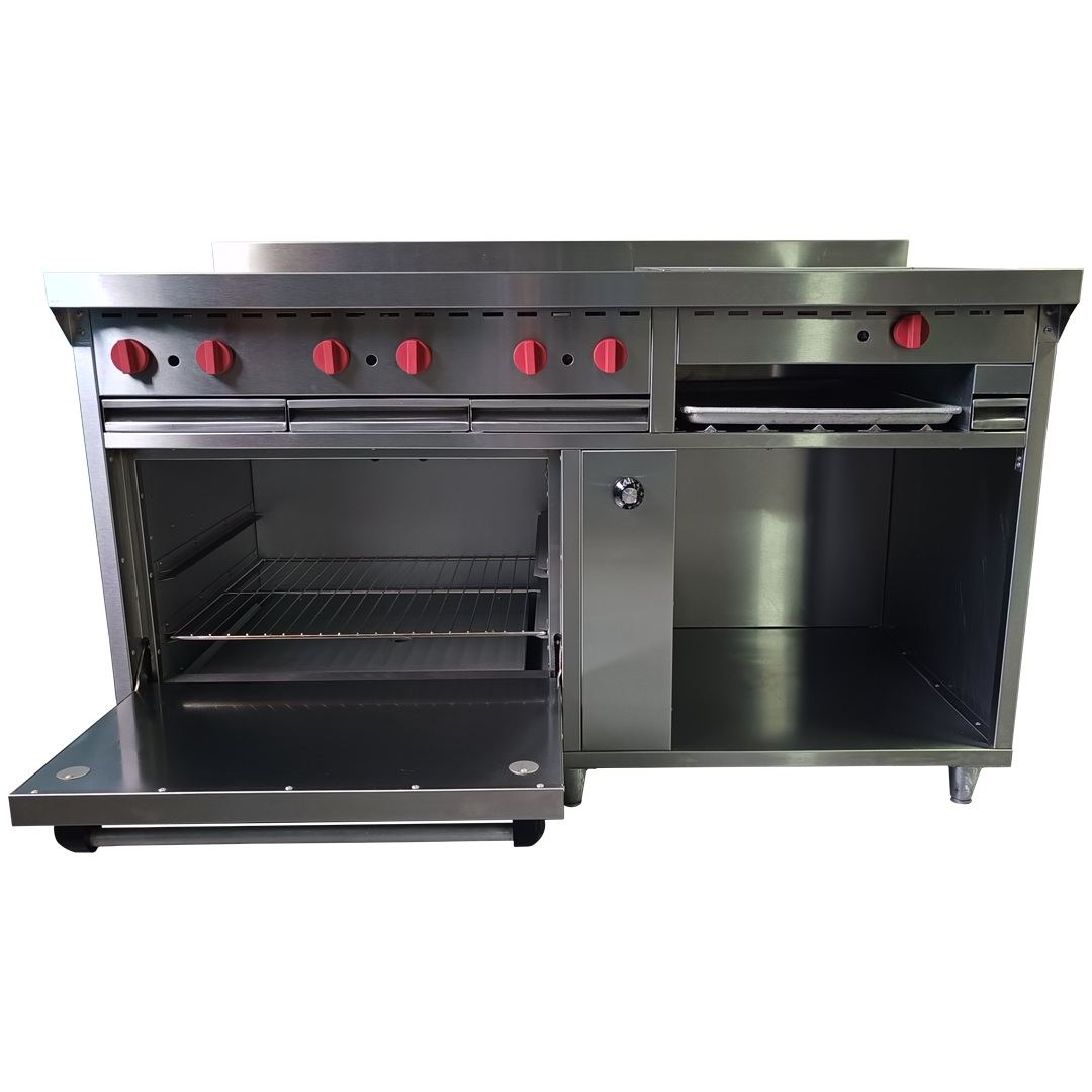 Cocina a gas 6 Hornillas Hondas, Plancha Gratinador y Horno