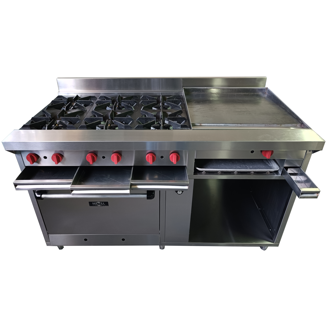 Cocina a gas 6 Hornillas Hondas, Plancha Gratinador y Horno